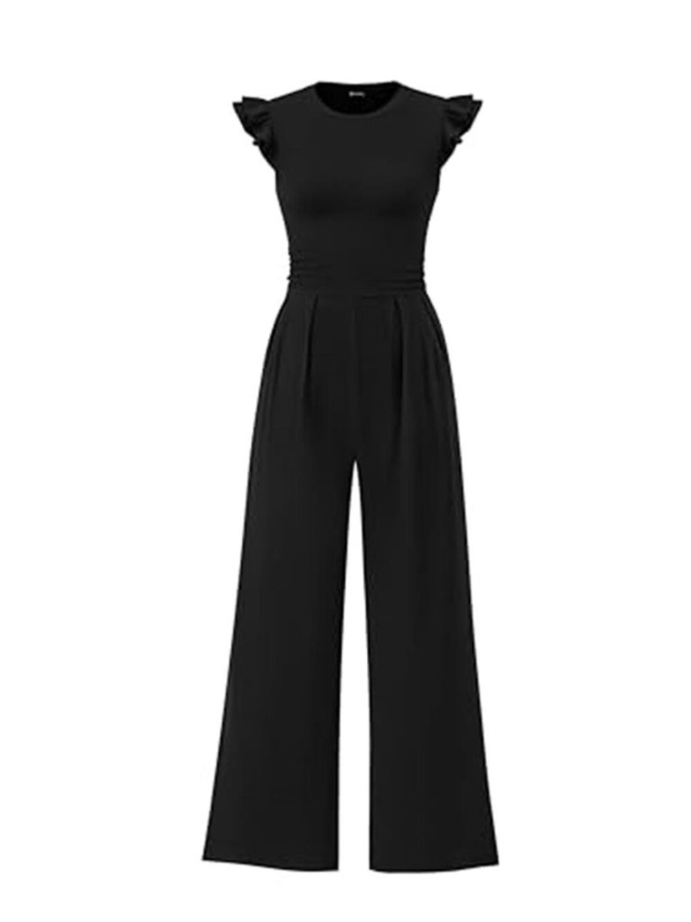 Black Ruffle Cap Sleeve Wide Leg Jumpsuit Crew Neck Dressy One Piece Outfit